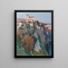 kirken Saint-Cirq-Lapopie, der ligger på klippen ved Lot-flodens bugt, med blå himmel - Henri Martin — indrammet kunstværk på væggen