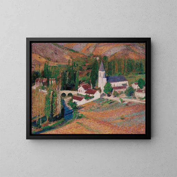 "L'église de Labastide-du-Vert avec le pont et la rivière un soir d'automne" af Henri Martin — indrammet kunstværk på væggen