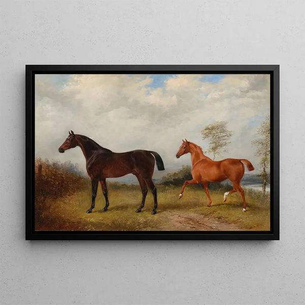 Henry Barraud - A bay and a chestnut hunter in a wooded landscape.webp