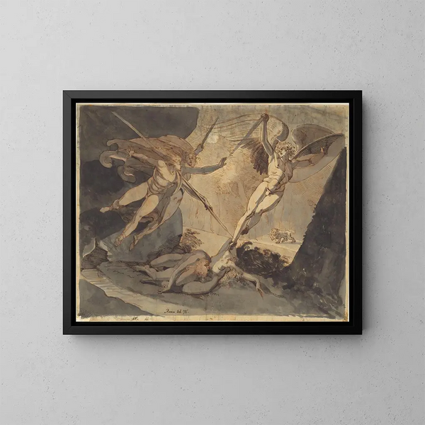 Satan begynder med kontakt med Ithuriels spyd - Henry Fuseli — indrammet kunstværk på væggen