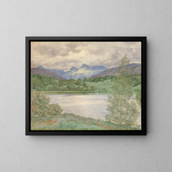 Loughrigg Tarn og Langdale Pikes, Westmorland - Henry James Holiday — indrammet kunstværk på væggen