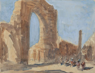 "La mosquée Quwwat-ul-Islam og den jernpæl i Delhi i Qûtb Minâr-komplekset" - Hercules Brabazon Brabazon — visning af kunstværket