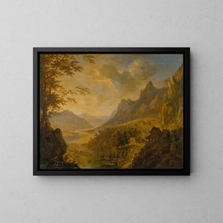 Landskabsmaleri med bjerglandskab, en flod i forgrunden og en landsby med flere både fortøjet ved bredden - Herman Saftleven III — indrammet kunstværk på væggen