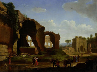 En romersk udsigt over ruinerne af Venus- og Roms tempel med Colosseum og Konstantinsbuen - Herman van Swanevelt — visning af kunstværket