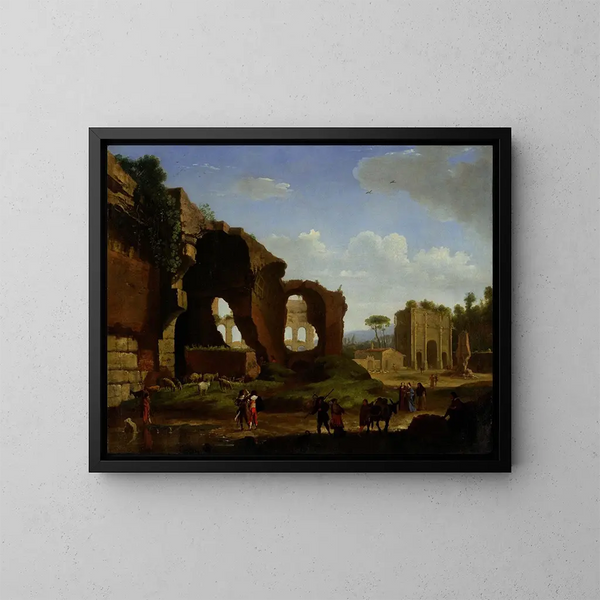 En romersk udsigt over ruinerne af Venus- og Roms tempel med Colosseum og Konstantinsbuen - Herman van Swanevelt — indrammet kunstværk på væggen