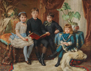 Quatre frères et sœurs sur un tapis en peau d'ours polaire - Hermann Nigg — visning af kunstværket