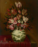 et stilleben med blomster i en porcelænsvas på et dækket bord - Hieronymus Wechinger — visning af kunstværket