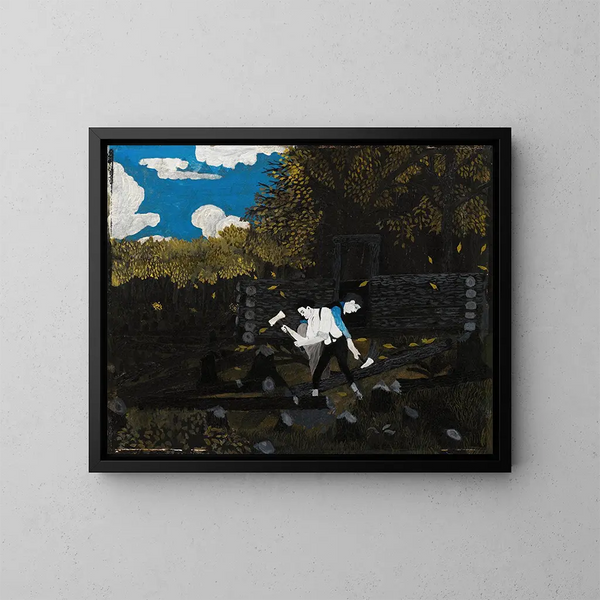 Abraham Lincoln og hans far, der bygger deres hytte på Pigeon Creek - Horace Pippin — indrammet kunstværk på væggen