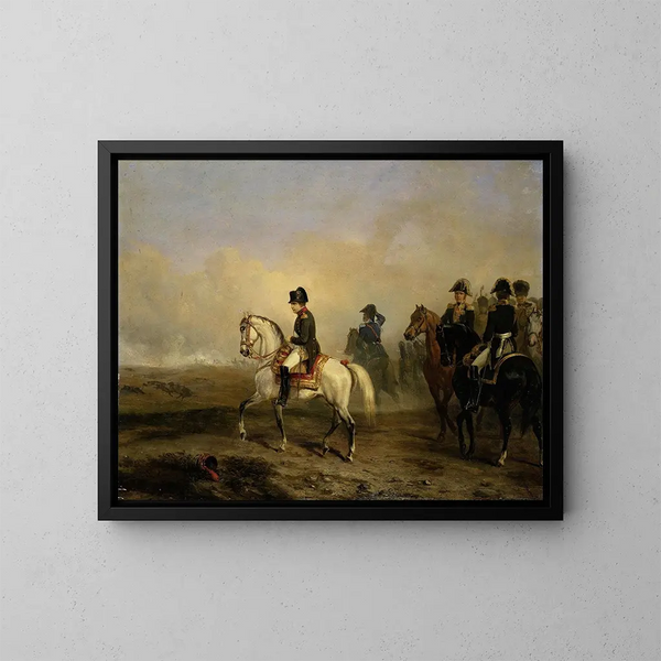 L'Kejsere Napoleon I og hans generalstab til hest - Horace Vernet — indrammet kunstværk på væggen