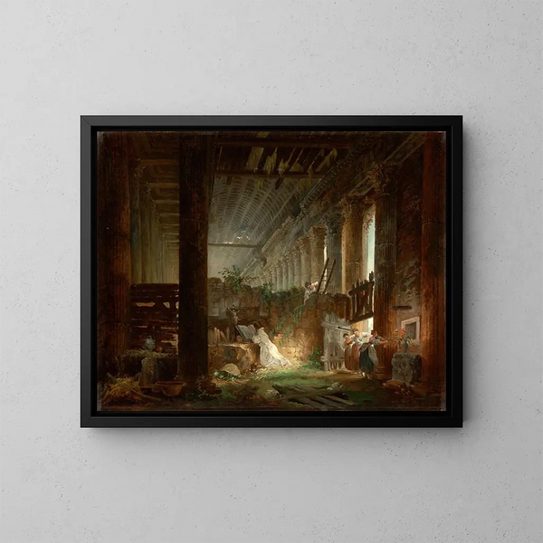 et eremit, der beder i ruinerne af et romersk tempel - Hubert Robert — indrammet kunstværk på væggen