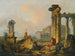 Et landskab med hyrder og hyrdinder blandt antikke ruiner med statuen af Castor og Pollux og Panthéon i det fjerne - Hubert Robert — visning af kunstværket