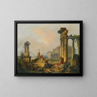 Et landskab med hyrder og hyrdinder blandt antikke ruiner med statuen af Castor og Pollux og Panthéon i det fjerne - Hubert Robert — indrammet kunstværk på væggen