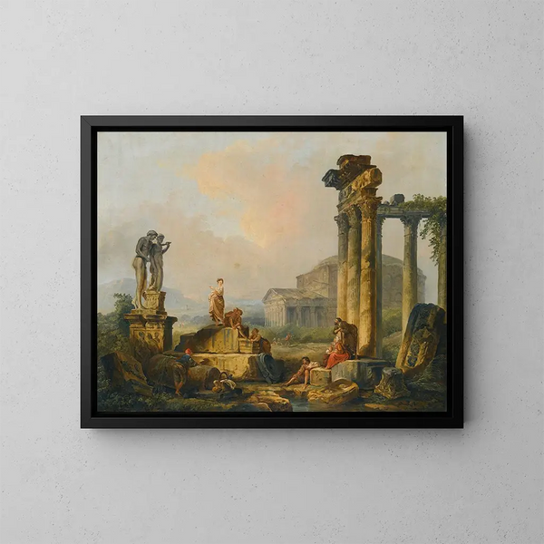 Et landskab med hyrder og hyrdinder blandt antikke ruiner med statuen af Castor og Pollux og Panthéon i det fjerne - Hubert Robert — indrammet kunstværk på væggen