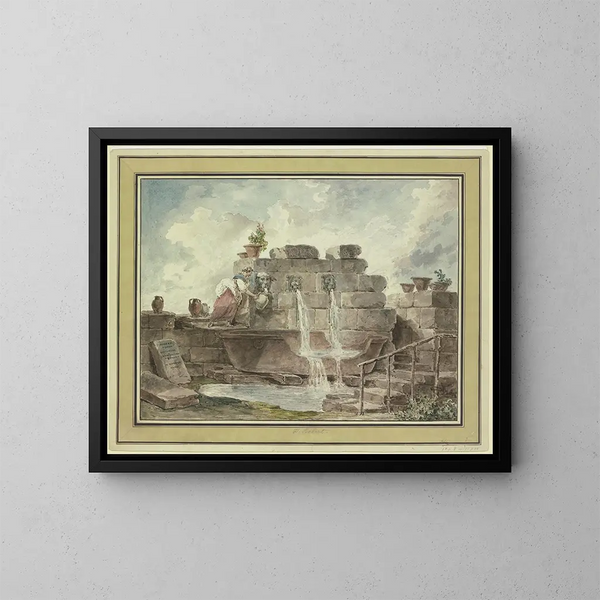 En romersk fontæne med en kvinde, der samler vand - Hubert Robert — indrammet kunstværk på væggen