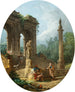 En skødespil over en klassisk bue og en søjle med samtalende figurer foran en statue - Hubert Robert — visning af kunstværket