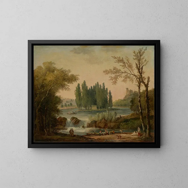 Vue du parc d'Ermenonville avec la tombe de Jean-Jacques Rousseau et le Temple de la Philosophie - Hubert Robert — indrammet kunstværk på væggen