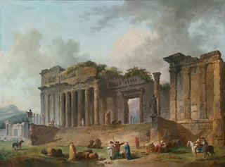 Et arkitektonisk indfald med en kunstner skitserende i forgrunden - Hubert Robert — visning af kunstværket