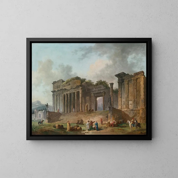 Et arkitektonisk indfald med en kunstner skitserende i forgrunden - Hubert Robert — indrammet kunstværk på væggen