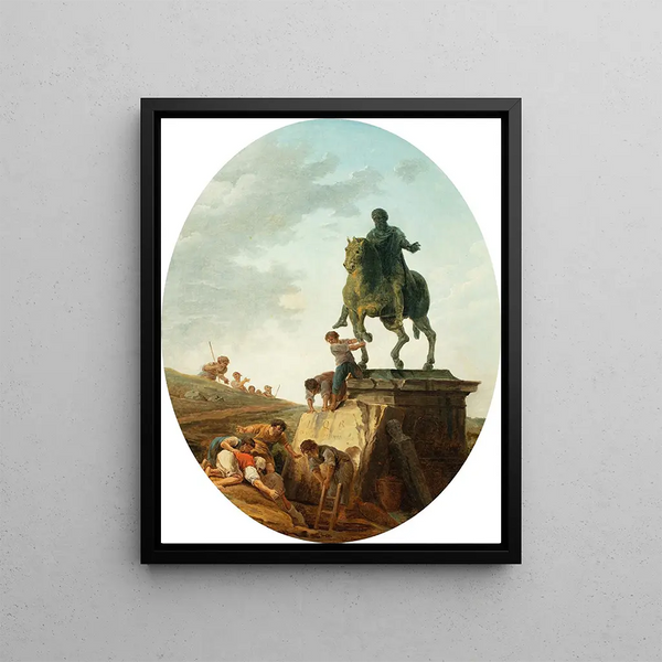 Et livligt landskab med Marcus Aurelius-statuen - Hubert Robert — indrammet kunstværk på væggen