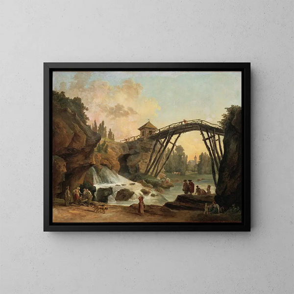 Tegner, der tegner broen i træ i Mrville-parken - Hubert Robert — indrammet kunstværk på væggen