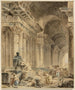 et galleri med buede søjler og en siddende antik statue - Hubert Robert — visning af kunstværket