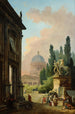 Vue imaginaire de Rome avec le dompteur de chevaux du Monte Cavallo et une église - Hubert Robert — visning af kunstværket