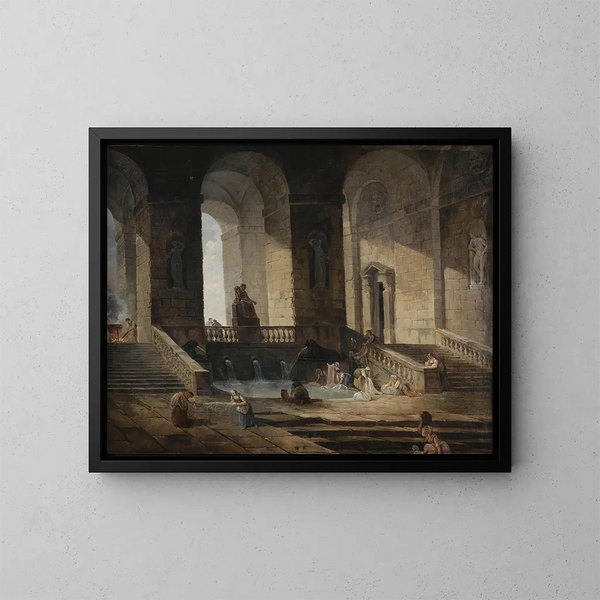 Lavandières i en romersk arkitektur - Hubert Robert — indrammet kunstværk på væggen