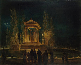 Det midlertidige mausoleum af Jean-Jacques Rousseau ved Tuileries-bassinet før hans ashenes flytning til Panthéon, natten mellem den 10. og 11. oktober 1794 - Hubert Robert — visning af kunstværket