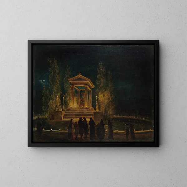 Det midlertidige mausoleum af Jean-Jacques Rousseau ved Tuileries-bassinet før hans ashenes flytning til Panthéon, natten mellem den 10. og 11. oktober 1794 - Hubert Robert — indrammet kunstværk på væggen