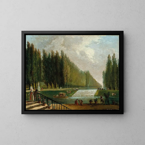 Hubert Roberts maleri "Le parc d'une villa de campagne avec des personnages se promenant près d'une cascade d'eau" — indrammet kunstværk på væggen