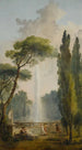 Vue d'un jardin med en stor fontæne i midten og personer, der slapper af og danser i forgrunden - Hubert Robert — visning af kunstværket