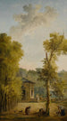 et maleri Vue d'une cour de jardin clos avec une femme nourrissant des poules et d'autres personnages au premier plan - Hubert Robert — visning af kunstværket