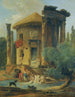 Lavandières ved bredden af en flod under et cirkulært, forfaldent tempel - Hubert Robert — visning af kunstværket