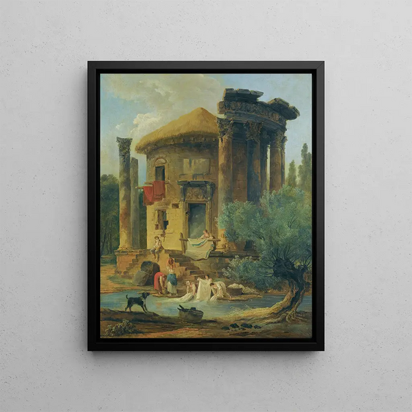 Lavandières ved bredden af en flod under et cirkulært, forfaldent tempel - Hubert Robert — indrammet kunstværk på væggen