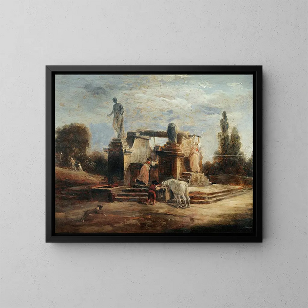 vaskende kvinder ved fontænen - Hubert Robert — indrammet kunstværk på væggen