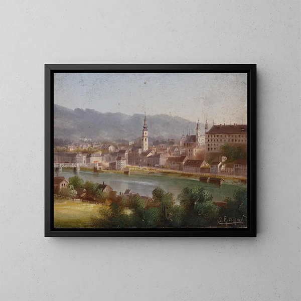 Vue sur Linz - Hubert Sattler — indrammet kunstværk på væggen