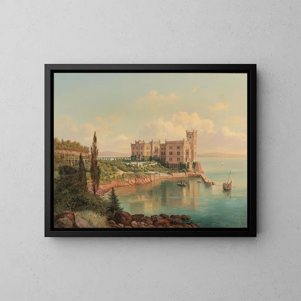 Vue du château de Miramare près de Trieste - Hubert Sattler — indrammet kunstværk på væggen