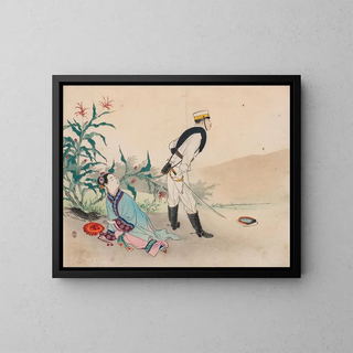 Frontispice af illustrationen til romanen Hinodejima, den solopgangsø - Ikeda Terukata — indrammet kunstværk på væggen