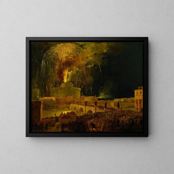 "Les feux d'artifice de la Girandole depuis le Castel Sant'Angelo à Rome" af Ippolito Caffi — indrammet kunstværk på væggen