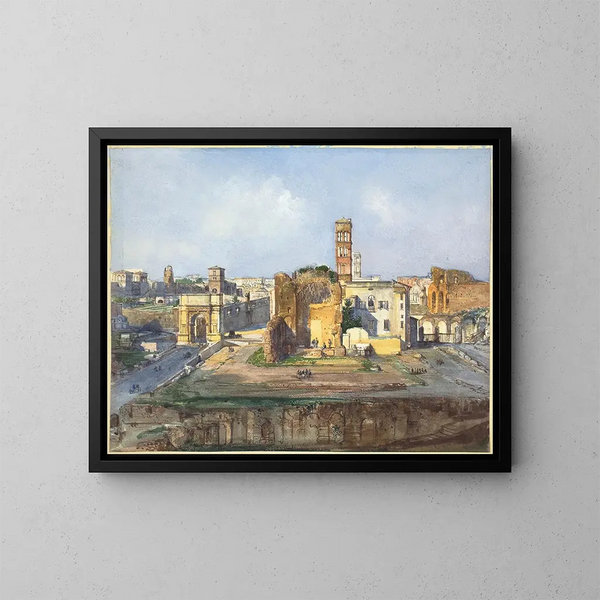 L'arc de Titus og templet for Venus og Rome nær det romerske forum - Ippolito Caffi — indrammet kunstværk på væggen