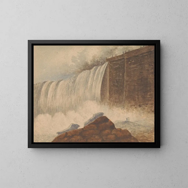 Vue des chutes du Niagara avec deux figures sur un rocher au premier plan droit - Isaac Weld — indrammet kunstværk på væggen
