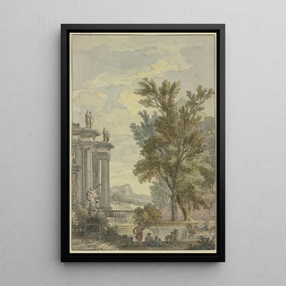 Isaac de Moucheron - Parkansicht links ein Gebude mit Sulen und Statuen davor ein Bassin auf welchem eine Gondel fhrt.webp