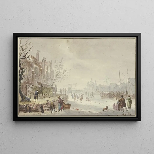 J H Van Loon - Winterlandschaft auf dem Flu Schlittschuhlufer links am Quai ein Wagen.webp
