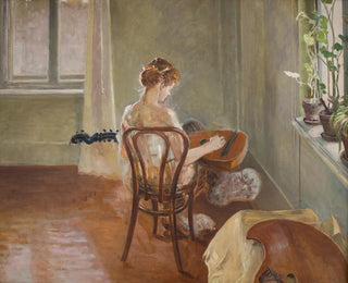 Indendørs med chimæren, der spiller guitar - Jacek Malczewski — visning af kunstværket
