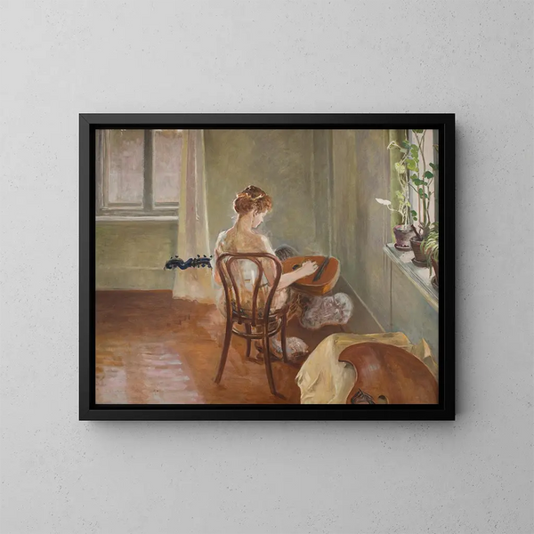 Indendørs med chimæren, der spiller guitar - Jacek Malczewski — indrammet kunstværk på væggen