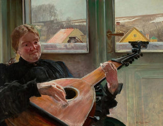 Portrait af kunstnerens søster Helena med en lut - Jacek Malczewski — visning af kunstværket