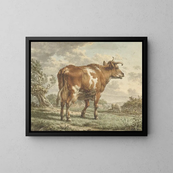 Vache rouge et blanche dans un paysage - Jacob Cats — indrammet kunstværk på væggen