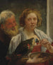 En skægget mand og en kvinde med en papegøje, en ulykkelig kærlighed - Jacob Jordaens — visning af kunstværket