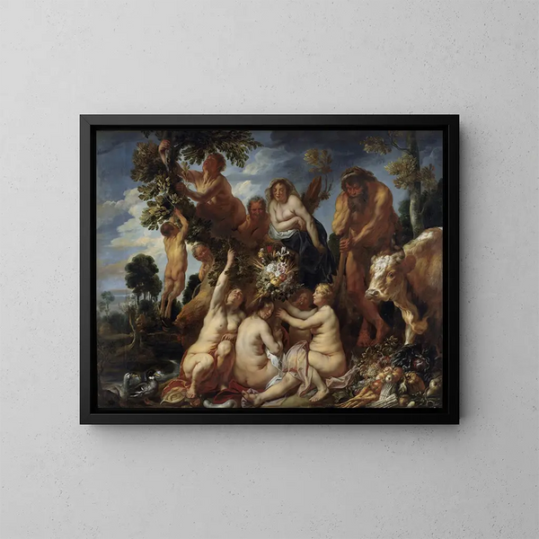 Achéloos besejret af Hercules, oprindelsen af overflodshornet, allegori på frugtbarhed - Jacob Jordaens — indrammet kunstværk på væggen