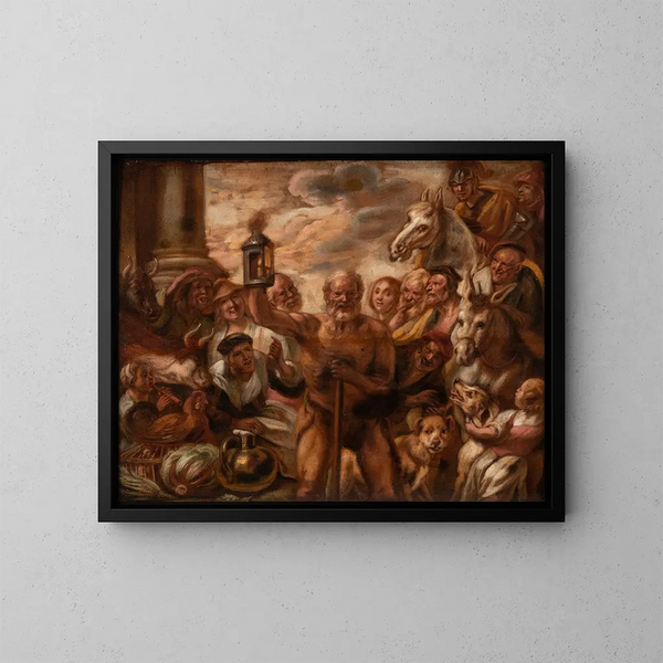 Jacob Jordaens - Diogenes søger en ærlig mand — indrammet kunstværk på væggen